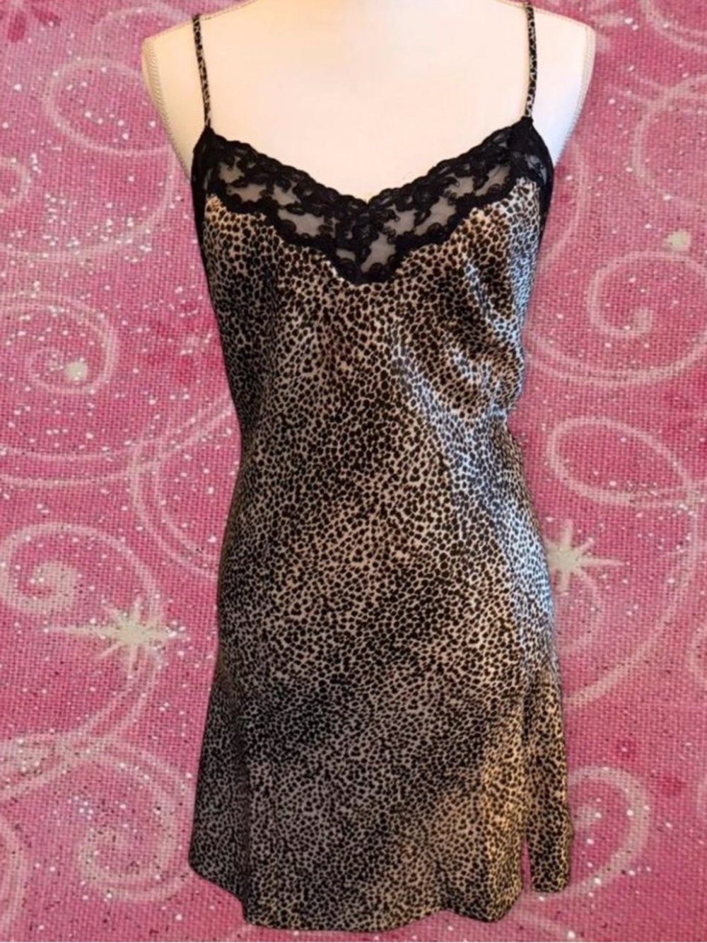 Lace Trim Leopard Satin Slip Dress - Black/Cream